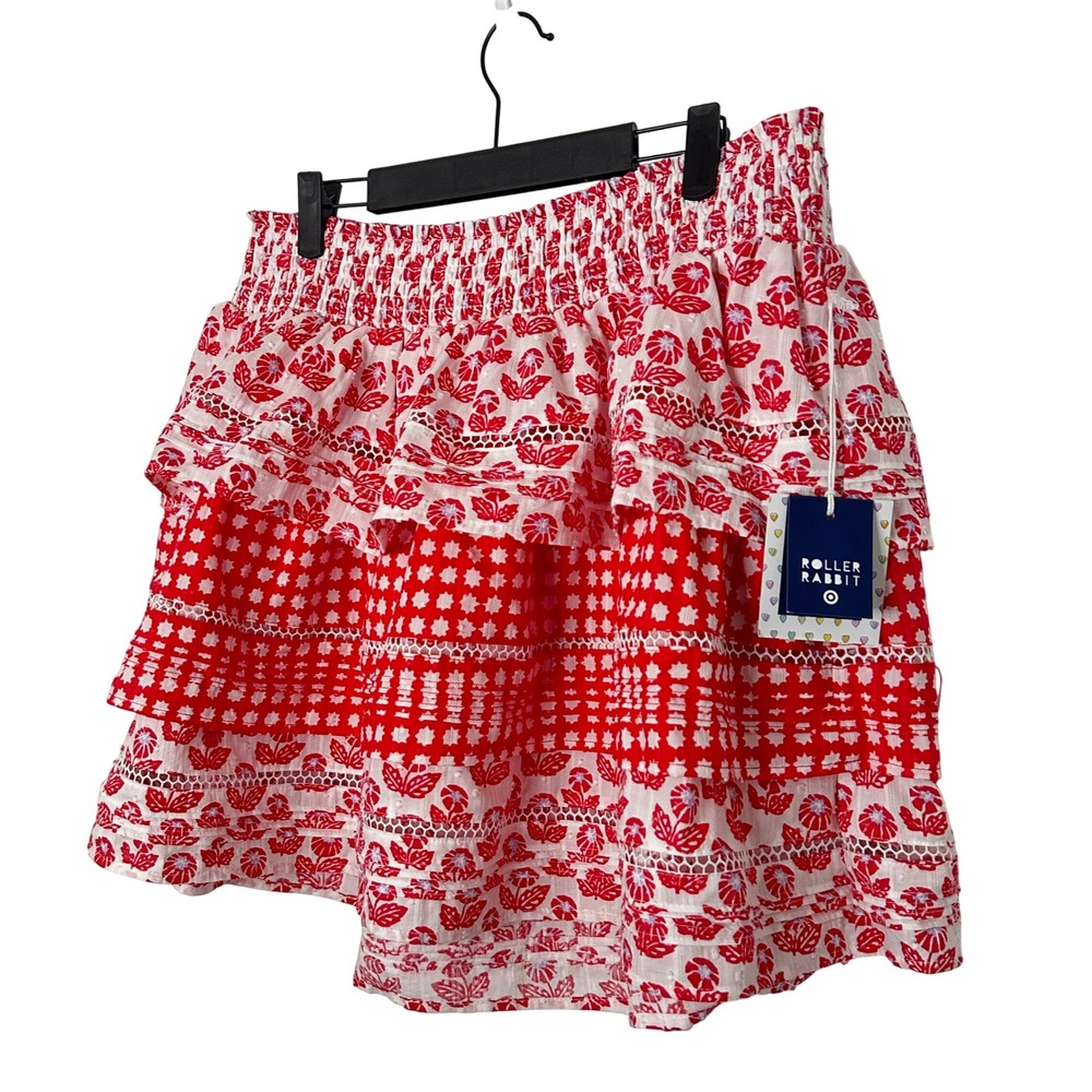 Roller Rabbit x Target Red Floral Tiered Mini Skirt XL Smocked Ruffle NWT